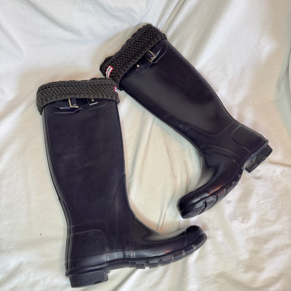 Hunter Black Tall Rain Boots with Knit Cuff